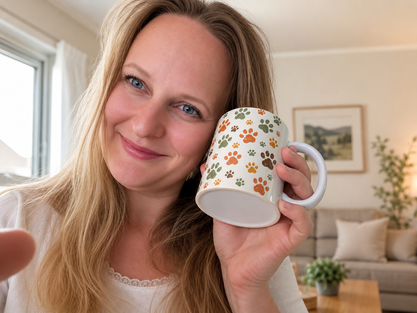 Mylene met haar pootjes-mok van Draag voor dieren