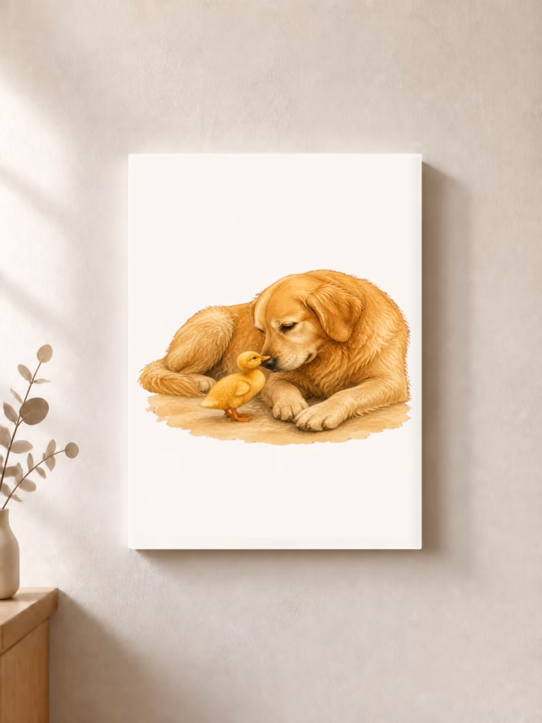 Eend wordt de beste vriend van zieke hond, canvas 30 × 30 cm