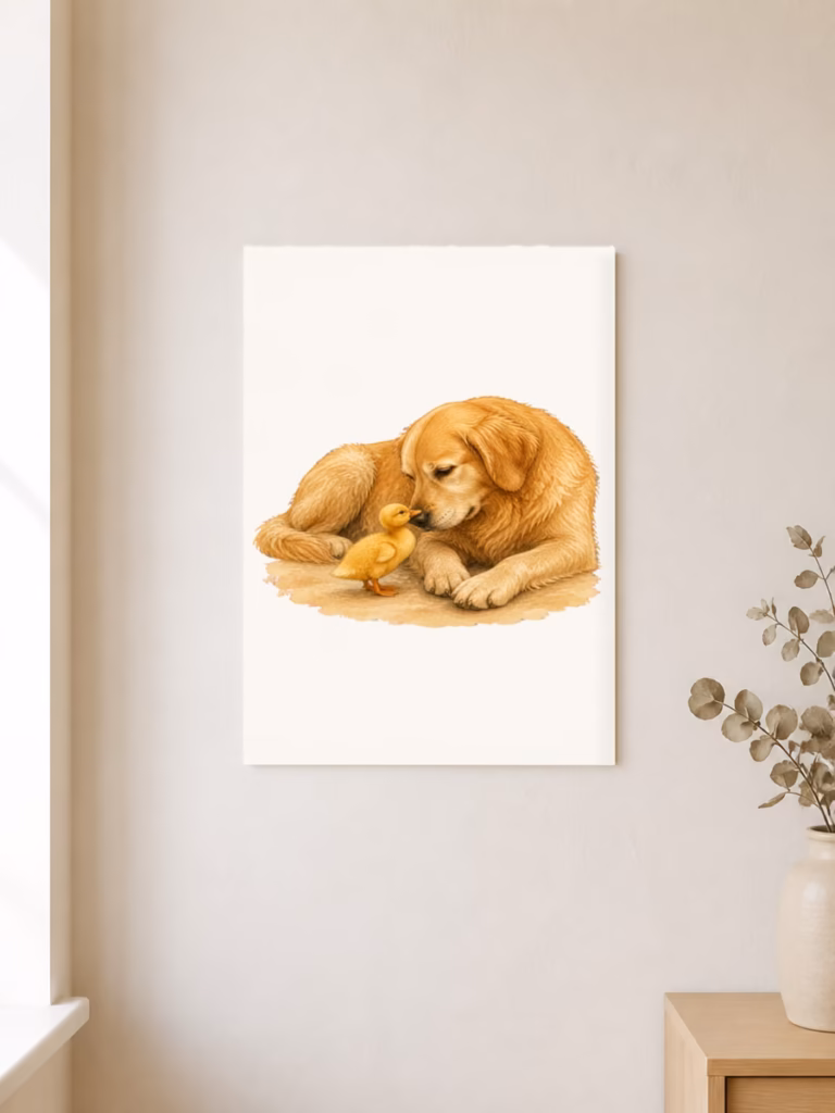 Eend wordt de beste vriend van zieke hond, poster 30 × 40 cm