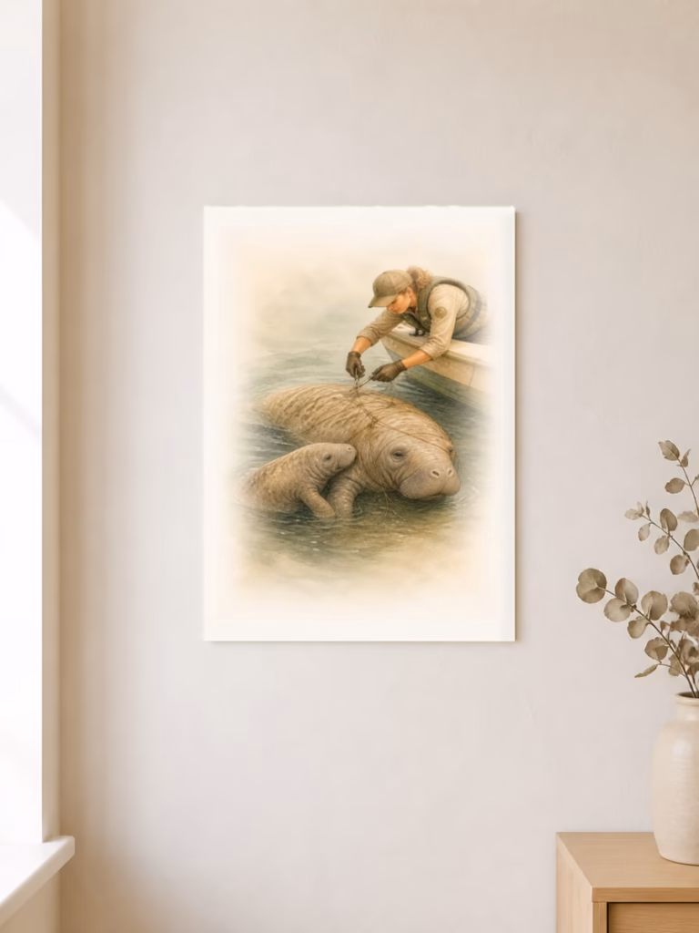 Redding voor zeekoe die vastzat in visnet, poster 30 × 40 cm