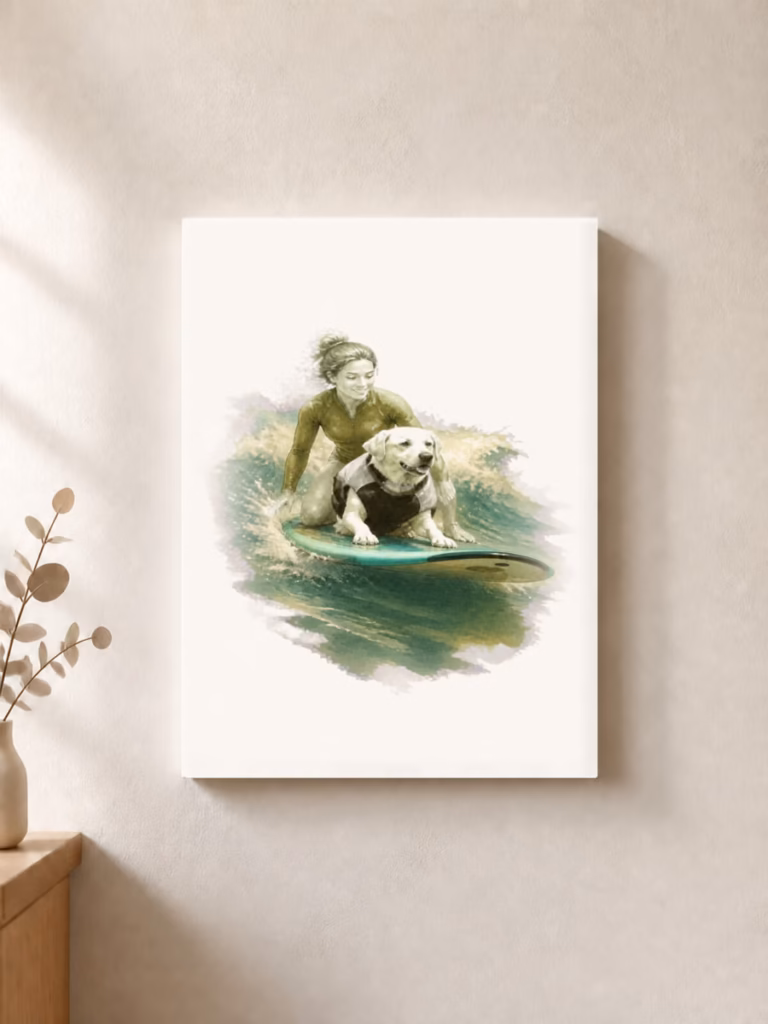 Honden surfen mee in wedstrijd, canvas 30 × 30 cm