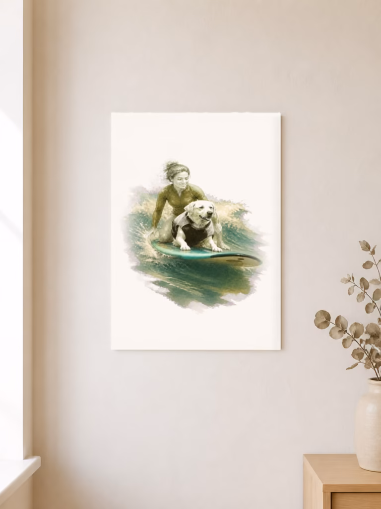 Honden surfen mee in wedstrijd, poster 30 × 40 cm