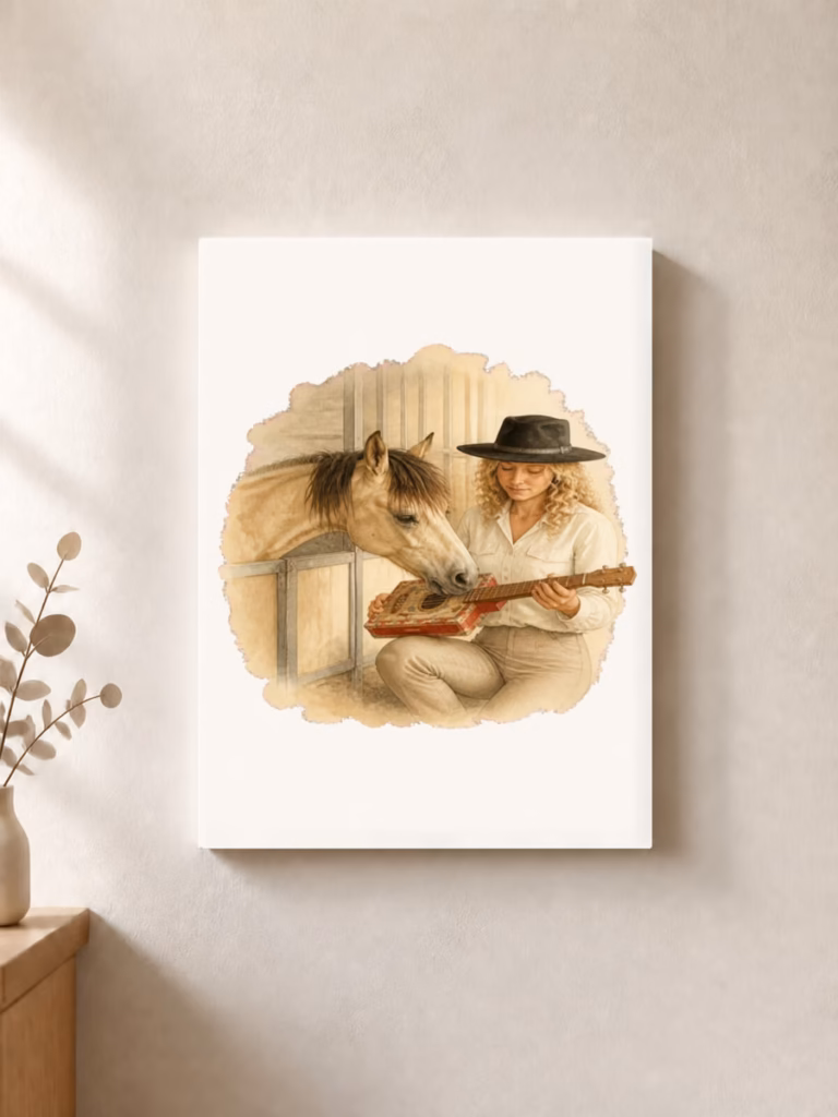 Veulen leert muziek maken met gitaar, canvas 30 × 30 cm