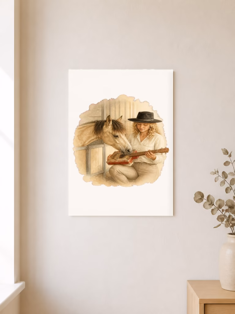 Veulen leert muziek maken met gitaar, poster 30 × 40 cm