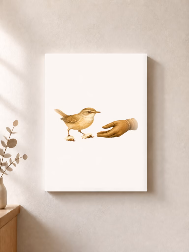 Kleine gipsen schoentjes helpen zieke vogels weer lopen, canvas 30 × 30 cm