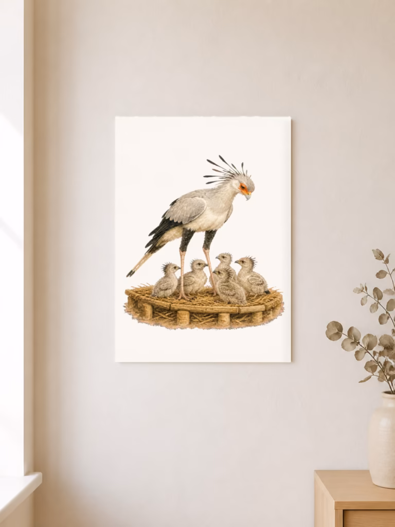 Vijf zeldzame secretarisvogel kuikens geboren in dierentuin, poster 30 × 40 cm