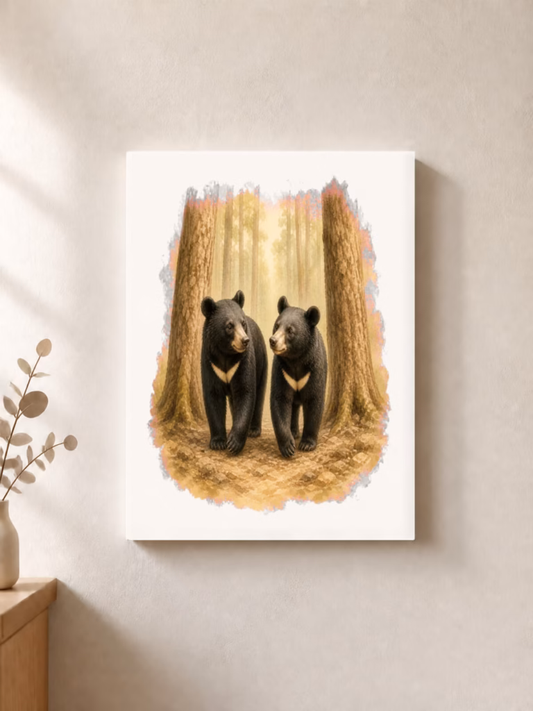 Twee jonge beren vinden hun plek in het bos, canvas 30 × 30 cm