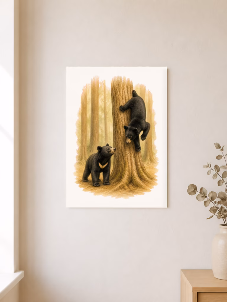 Twee jonge beren vinden hun plek in het bos, poster 30 × 40 cm