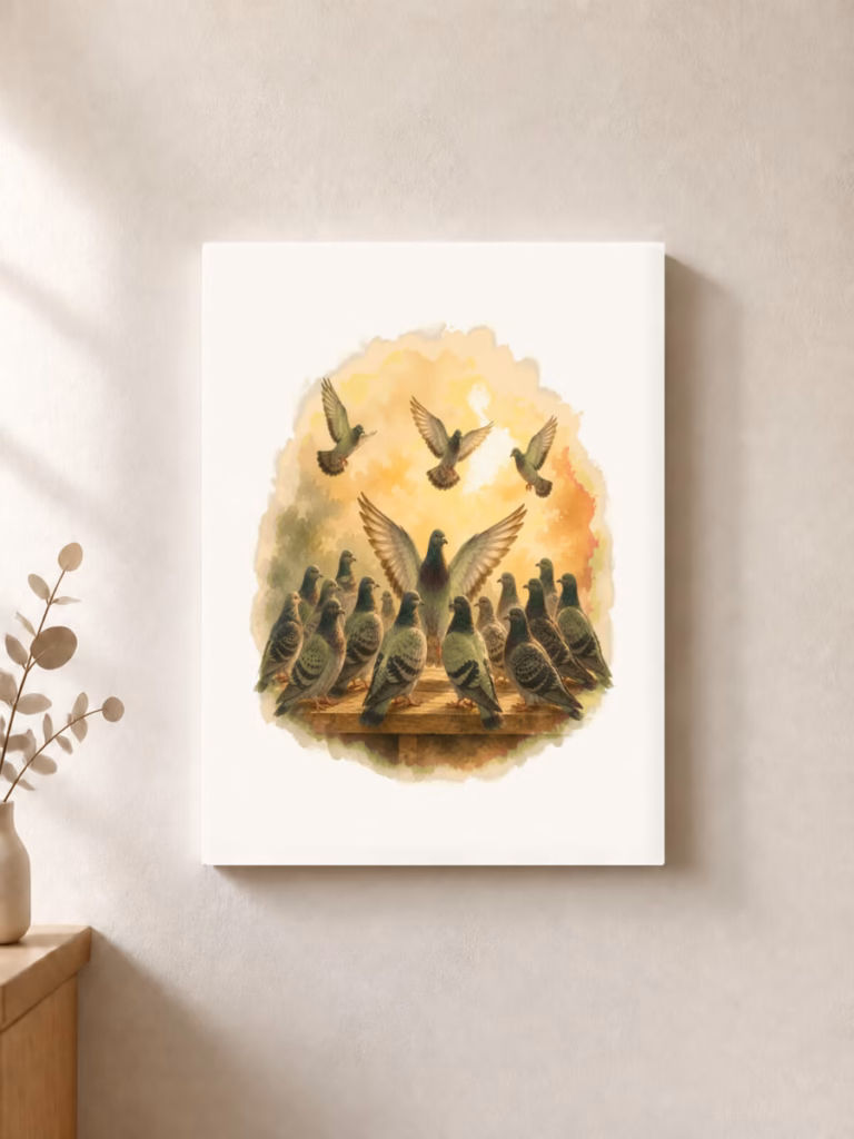 Achttien duiven krijgen ruimte om opnieuw te vliegen, canvas 30 × 30 cm