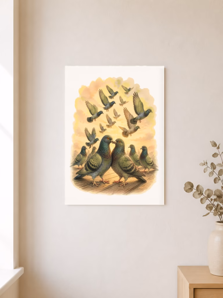 Achttien duiven krijgen ruimte om opnieuw te vliegen, poster 30 × 40 cm