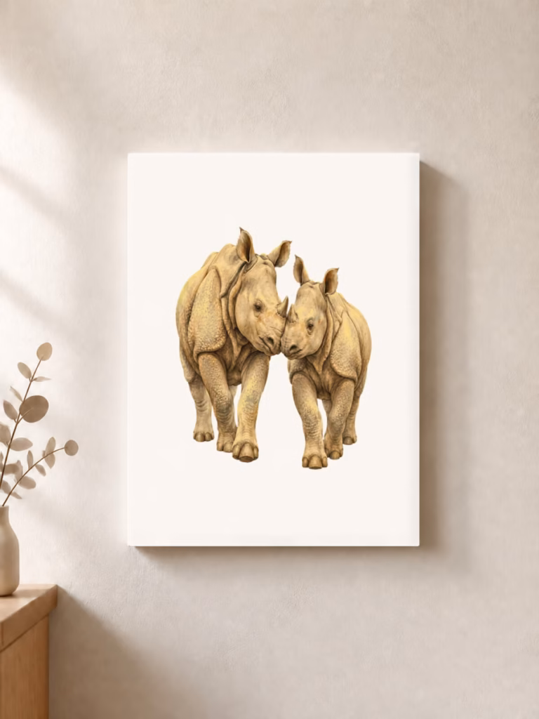 Twee jonge neushoorns keren terug naar Kaziranga, canvas 30 × 30 cm