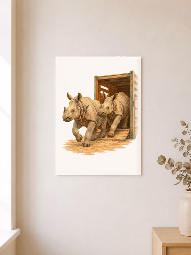 Twee jonge neushoorns keren terug naar Kaziranga, poster 30 × 40 cm