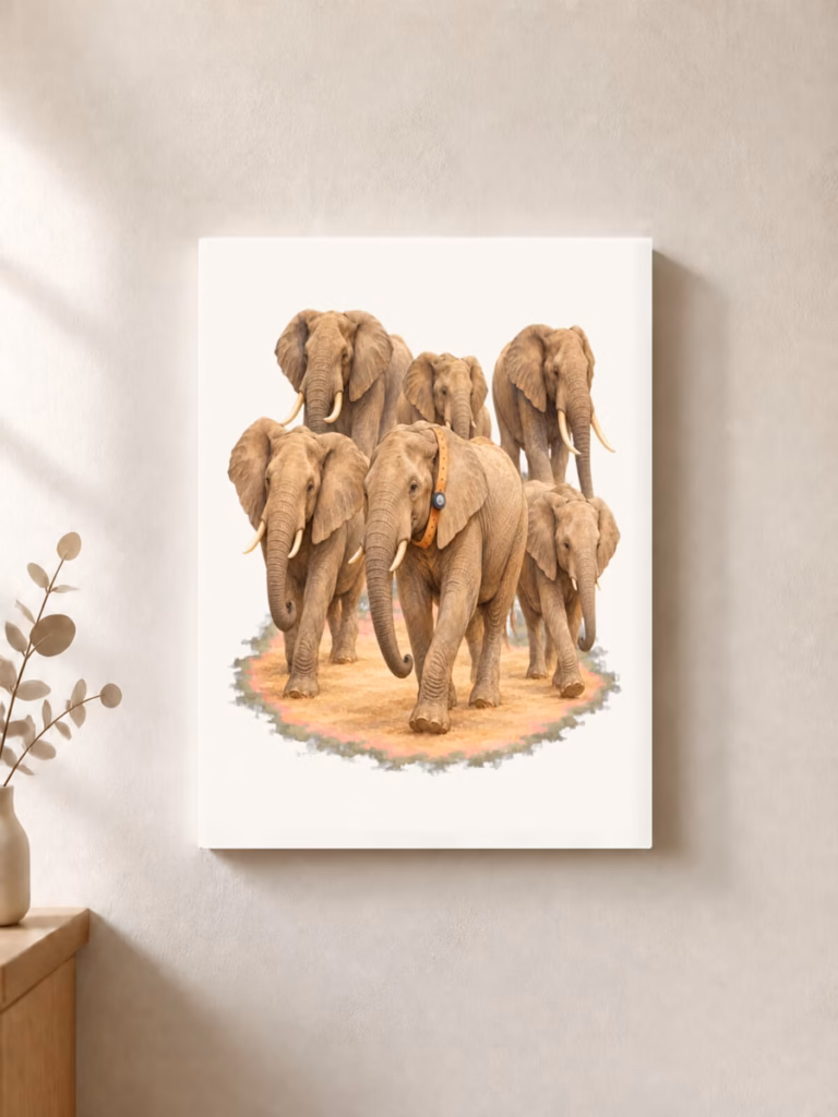 Zes olifanten laten Hwange beter zien, canvas 30 × 30 cm
