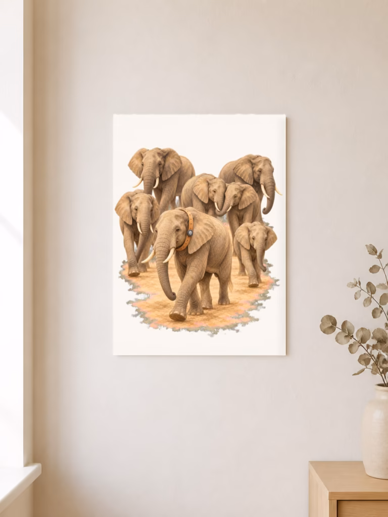 Zes olifanten laten Hwange beter zien, poster 30 × 40 cm